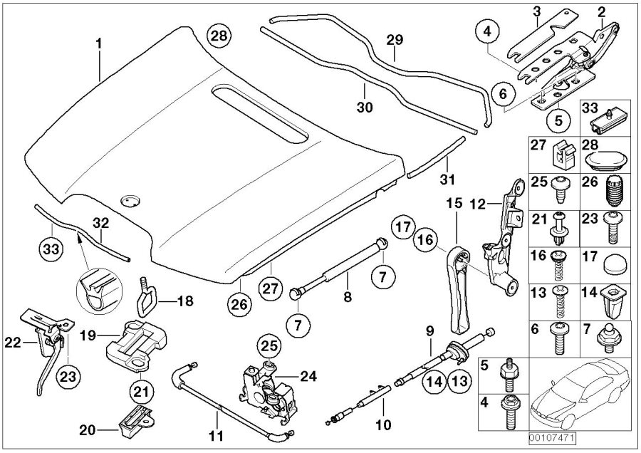 Diagram Engine HOOD/MOUNTING parts for your 2007 BMW Alpina B7   