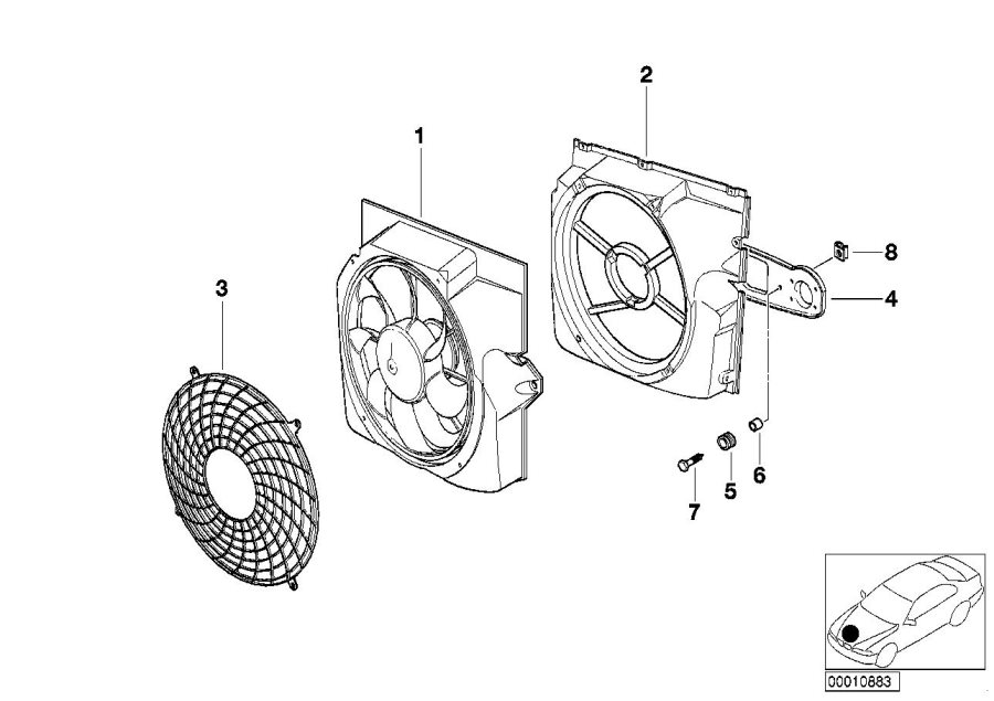 Diagram Pusher fan and mounting parts for your BMW