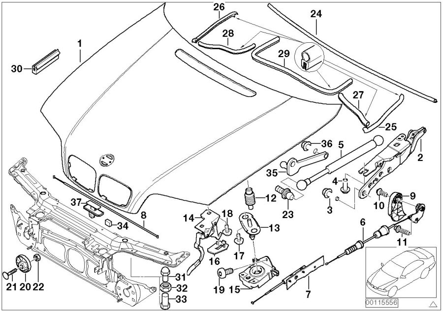 Diagram Engine HOOD/MOUNTING parts for your 1998 BMW 318i   