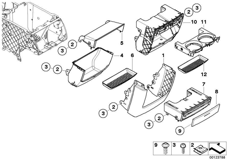 Diagram Mounting parts, center console, rear for your 2010 BMW 128i   