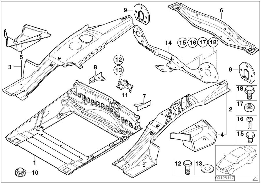 Le diagramme Pièces de plancher de coffre arrière pour votre BMW