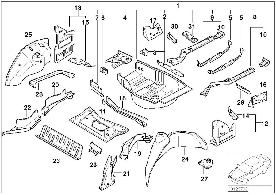 Le diagramme PLANCHER DE COFFRE AR/PASSAGE DE ROUE AR pour votre BMW