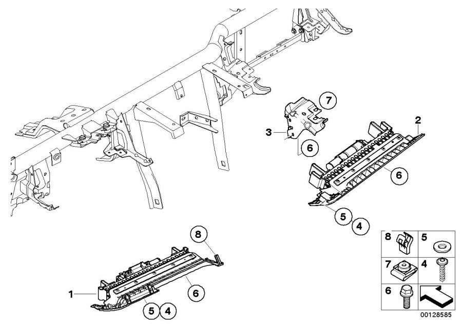 Le diagramme Pièces accolée.planche bord, partie inf. pour votre BMW