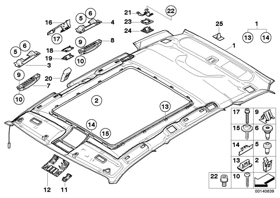 Diagram Headlining / Handle Panoramic roof for your 1999 BMW 528i Touring/Wagon Manual 