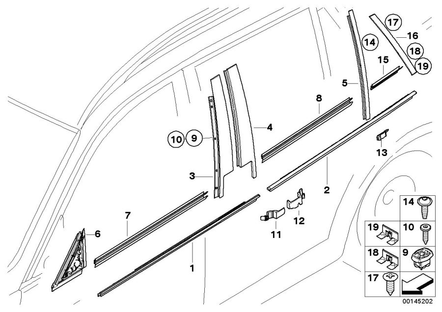 Diagram Exterior trim / Grille / Seals for your 2004 BMW 320i   