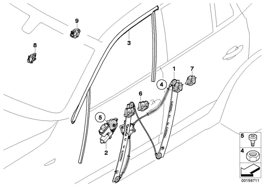 Le diagramme Mécanisme de fenêtre de porte avant pour votre BMW