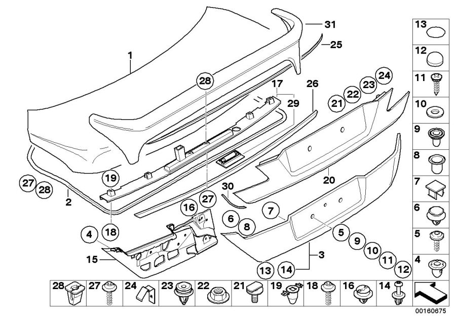 Le diagramme PIECES DE COUVERCLE DE COFFRE AR pour votre BMW