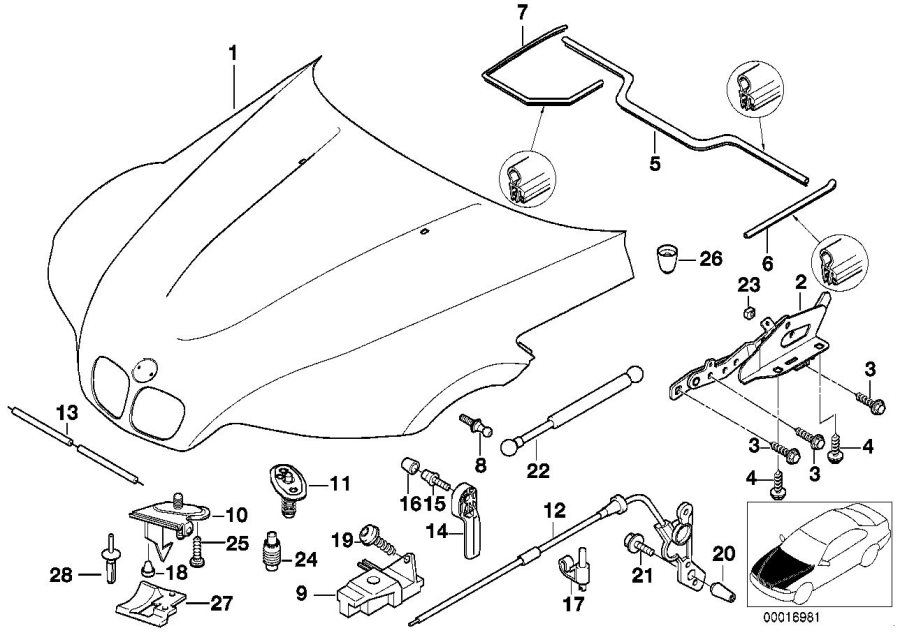 Diagram Engine HOOD/MOUNTING parts for your 1996 BMW
