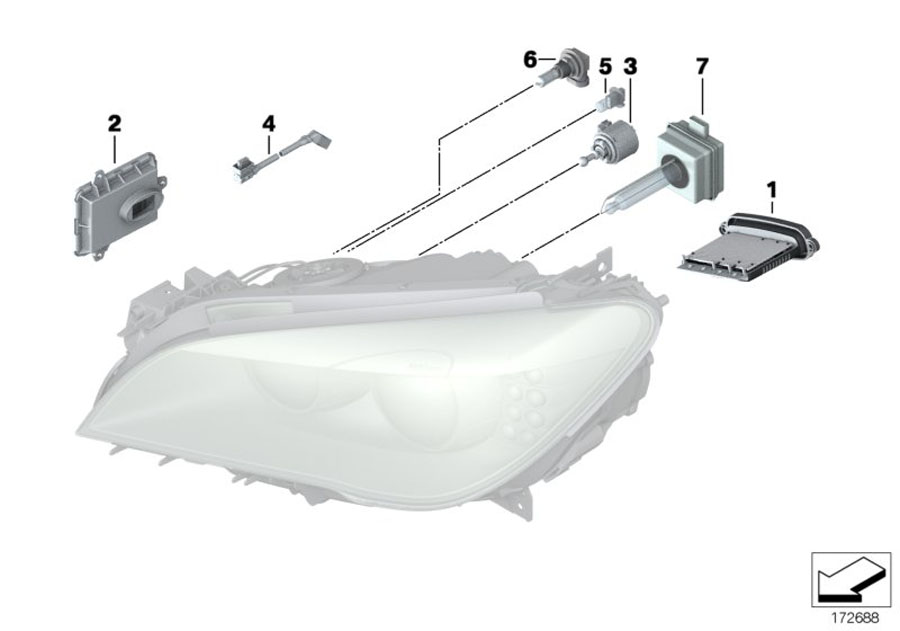 Diagram Headlight, electronic parts / bulbs Headlight, electronic parts / bulbs for your 2011 BMW 750i   