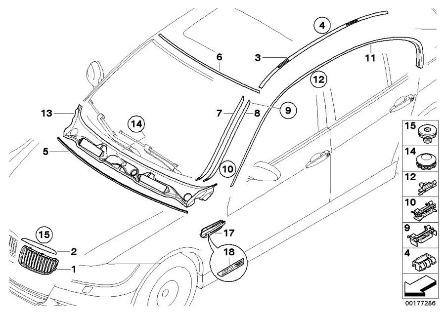 Le diagramme Enjoliveurs ext./Grille d décor/Joints pour votre BMW