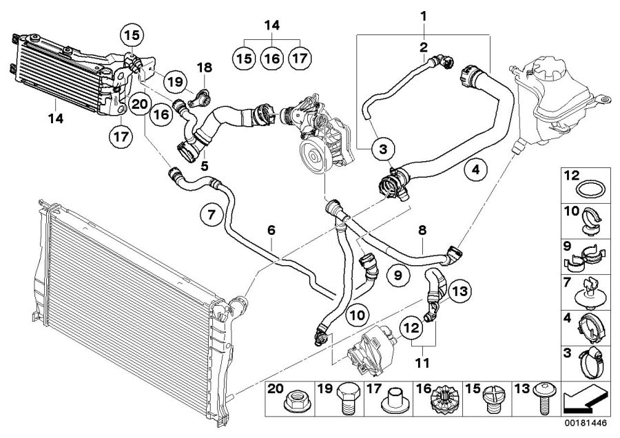 Diagram Coolant hoses / Auxiliary radiator for your BMW