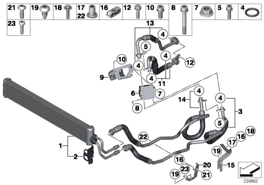 Diagram Transmission oil cooler/oil cooler line for your 2023 BMW X3  30eX 