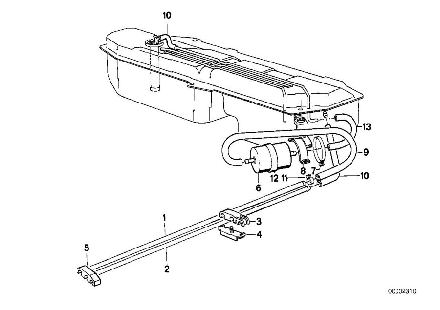 Diagram Fuel pipes and fuel filters for your BMW 325e  