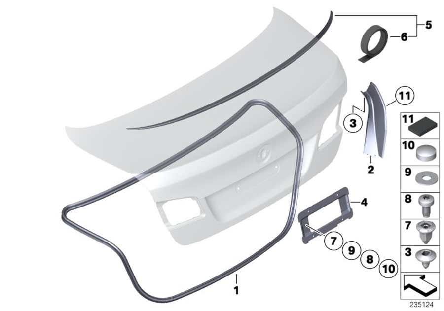 Diagram Mounting parts, trunk lid for your 2005 BMW 320i   
