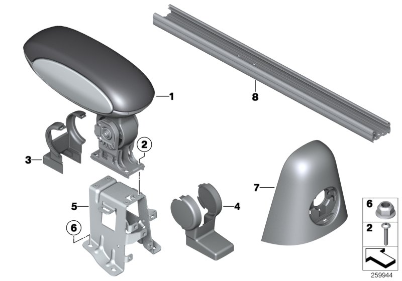 Diagram Retrofitting, center armrest, front for your MINI