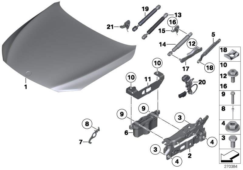 Diagram ENGINE HOOD/MOUNTING PARTS for your BMW