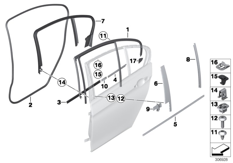 Diagram Trim and seals for door, rear for your 2013 BMW 328iX   
