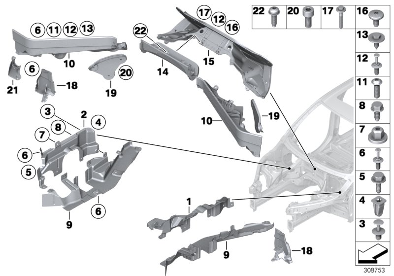 Diagram Mounting parts, engine compartment for your BMW X6  