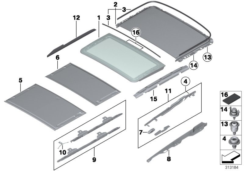 Diagram Panorama roof mounting parts for your 2008 BMW M6   