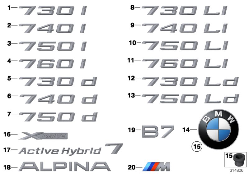 Diagram Emblems / letterings for your 2009 BMW 750i   