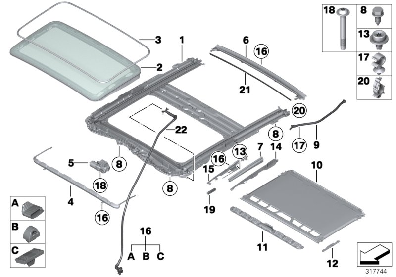 Diagram Lift-up-and-slide-back sunroof for your BMW 340iX  