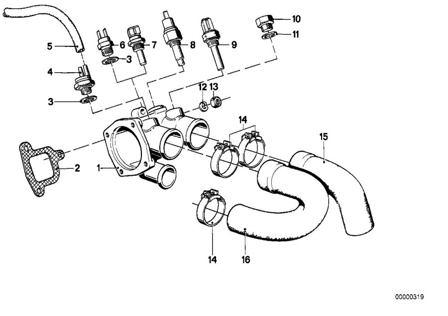 Diagram Cooling SYSTEM-THERMOSTAT/WATER hoses for your 1986 BMW 535i   