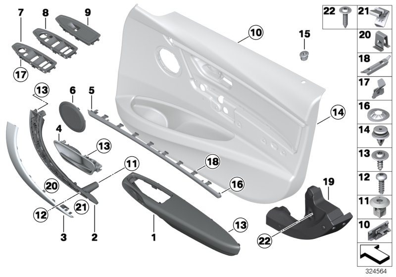 Diagram Surface-mounted parts, door panel, front for your BMW 340i  