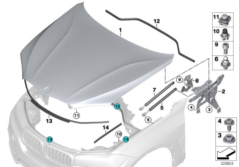 Diagram ENGINE HOOD/MOUNTING PARTS for your BMW