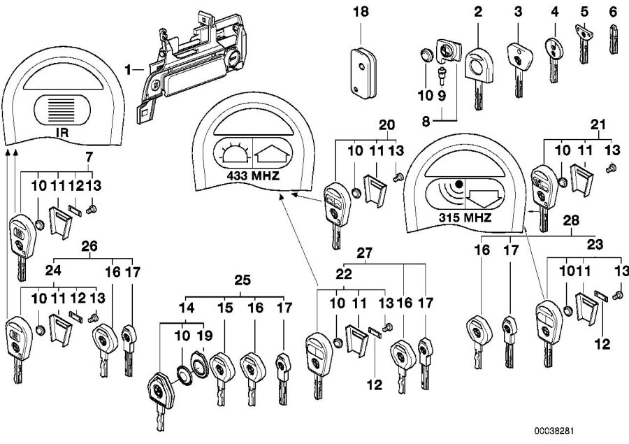 Diagram Door handle FRONT/LOCK/KEY for your 1995 BMW