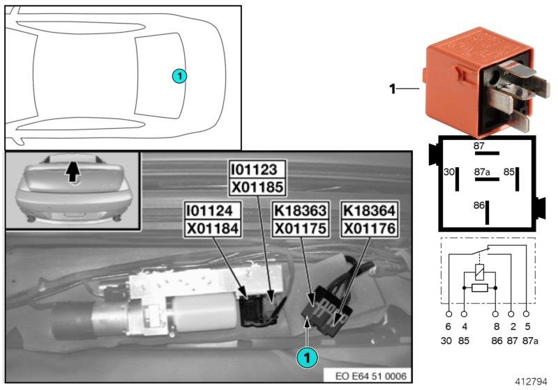 Diagram Relay for convertible top 1 K18363 for your 2004 BMW 645Ci   