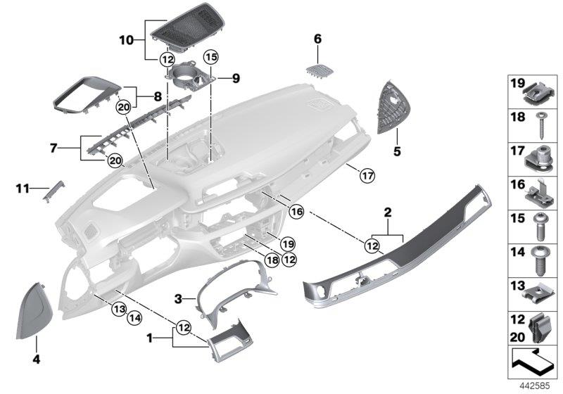 Le diagramme Pièces accolée.planche bord, partie sup. pour votre BMW