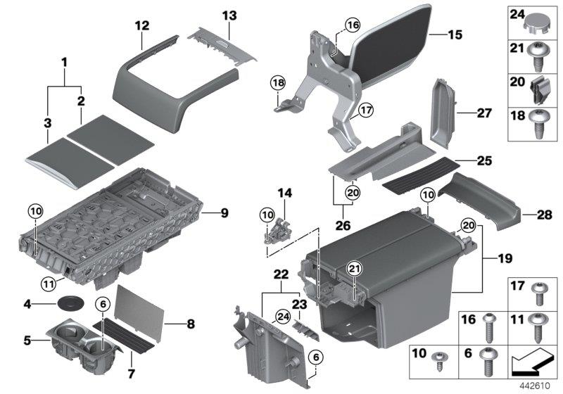 Diagram Mounting parts, center console, rear for your BMW