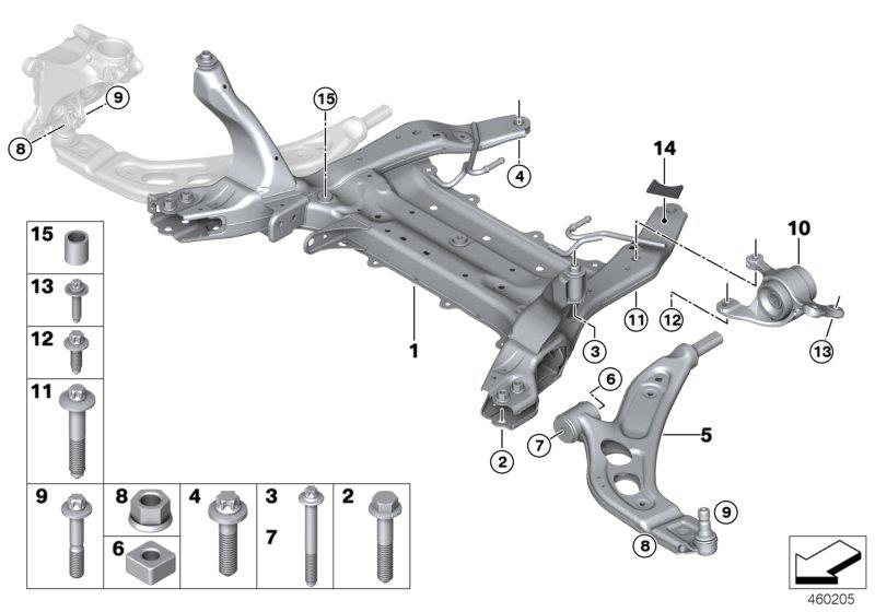 Diagram FRONT AXLE SUPPORT/WISHBONE for your BMW