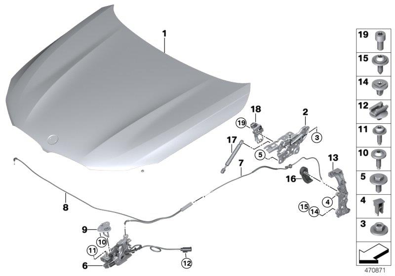 Diagram Hood / mounted parts for your 2020 BMW 530i Sedan  