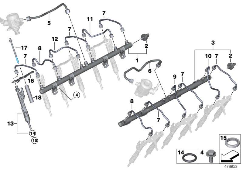 Diagram High-pressure rail/injector/line for your 2012 BMW 335i   