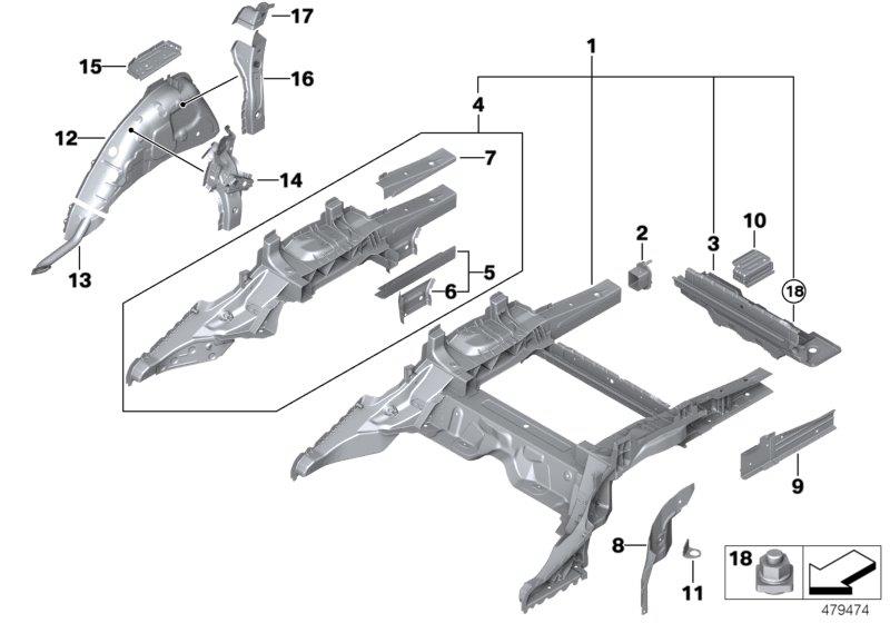 Diagram REAR WHEELHOUSE/FLOOR PARTS for your BMW