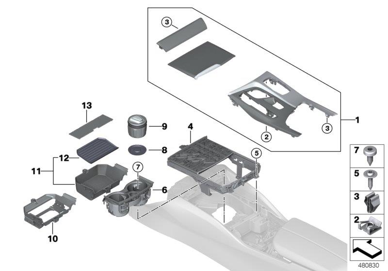 Diagram Mounting parts, center console for your BMW