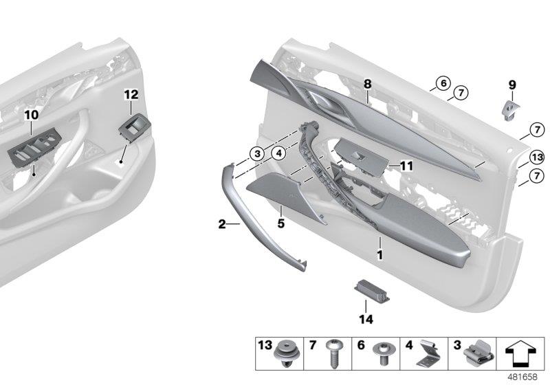 Diagram Surface-mounted parts, door panel, front for your 2019 BMW 530iX Sedan  