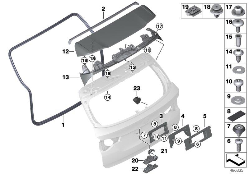 Diagram Trunk lid, mounting parts for your 1993 BMW 530i   