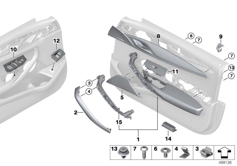 Diagram Surface-mounted parts, door panel, front for your 2023 BMW 530e Sedan  