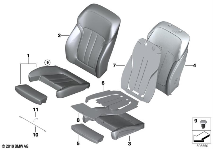 Diagram Seat front, uphlstry/cover, Comfort seat for your 2018 BMW 530iX Sedan  