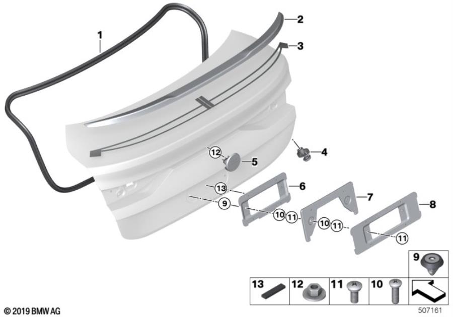 Diagram Trunk lid, mounting parts for your BMW