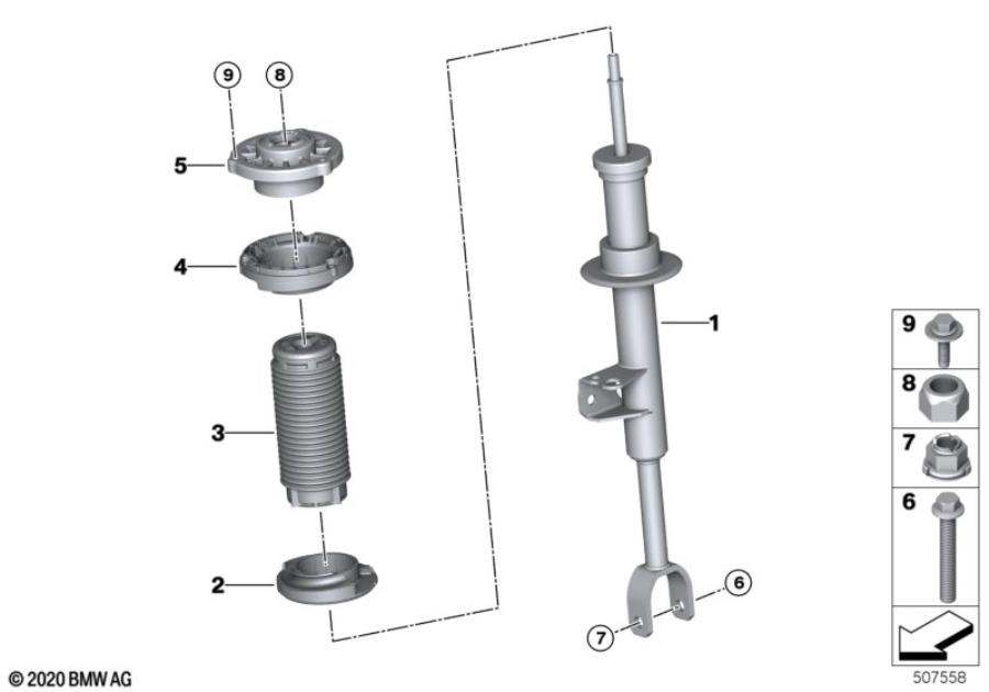 Diagram Spring strut, front, installed part, RWD for your 2007 BMW M6   