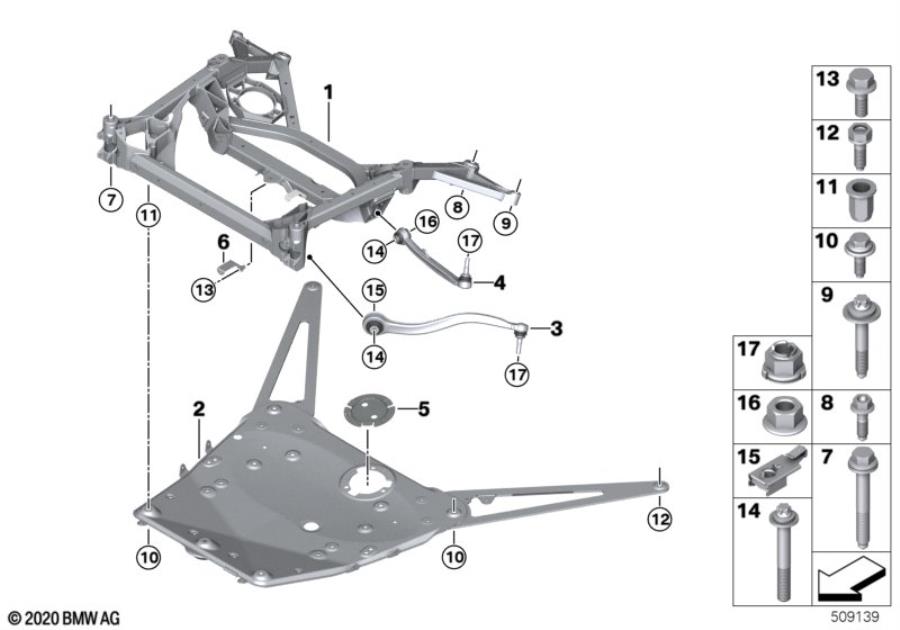 Diagram Frnt axle support,wishbone/tension strut for your BMW