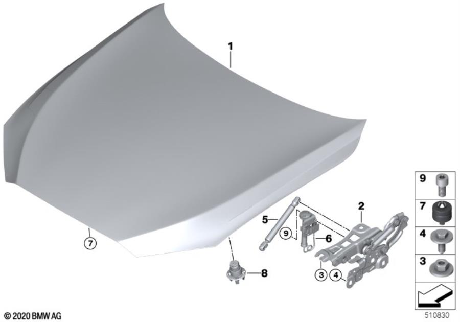 Diagram Hood / mounted parts for your 2022 BMW 530i Sedan  