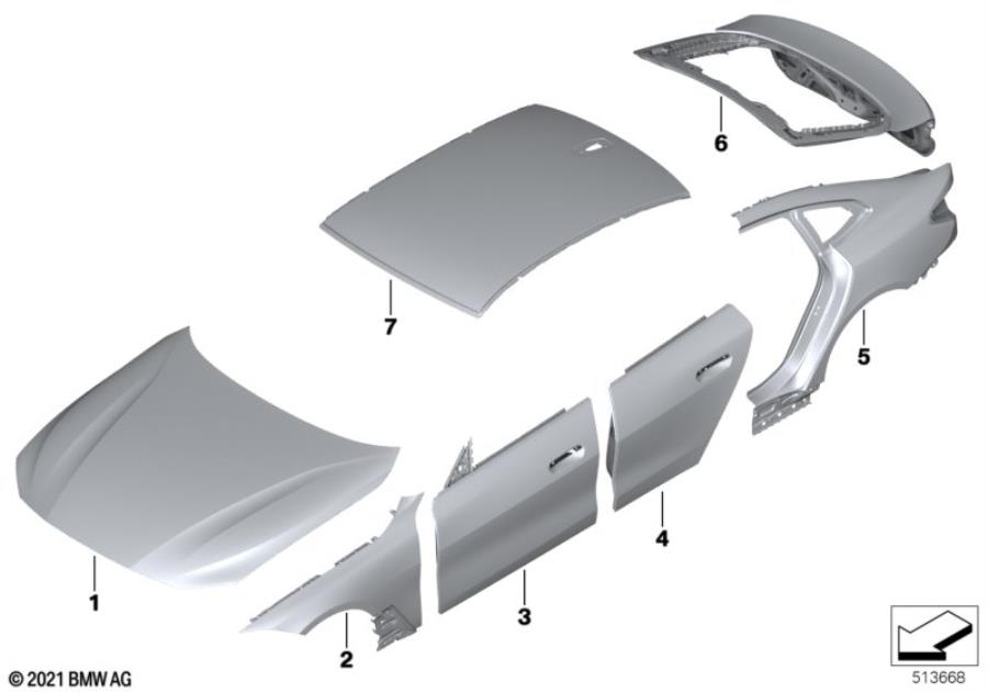 Diagram Outer panels for your 2020 BMW 530i Sedan  