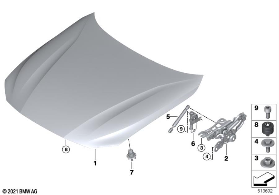 Diagram Engine hood/mounting parts for your 2020 BMW 530i Sedan  