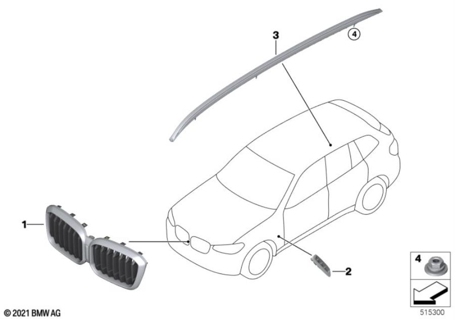 Diagram Exterior trim / grill for your 2020 BMW 530e   