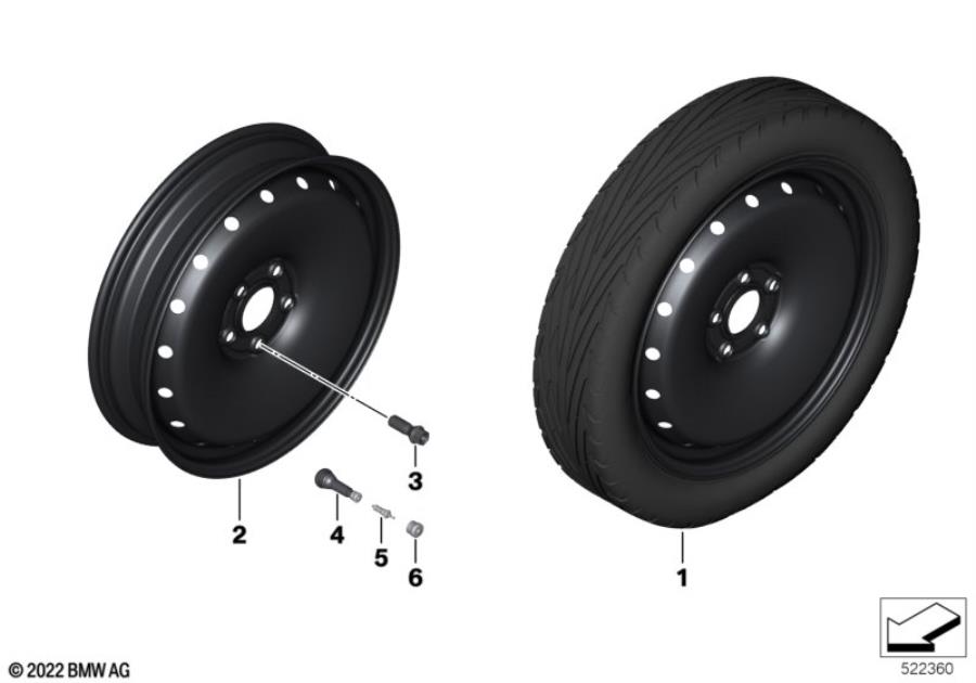 Diagram Compact spare wheel, steel, black for your BMW X1  