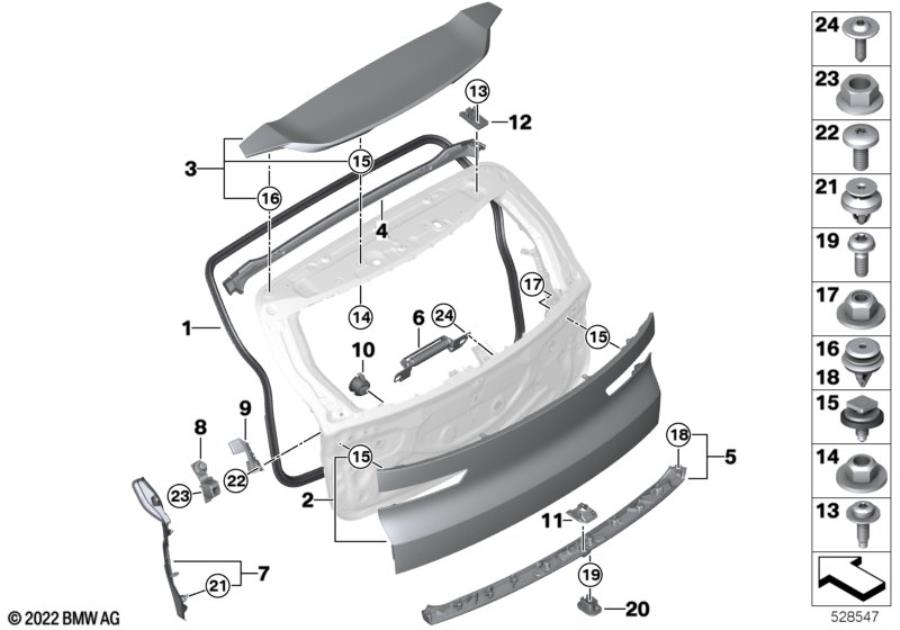 Diagram Trunk lid, mounting parts for your BMW
